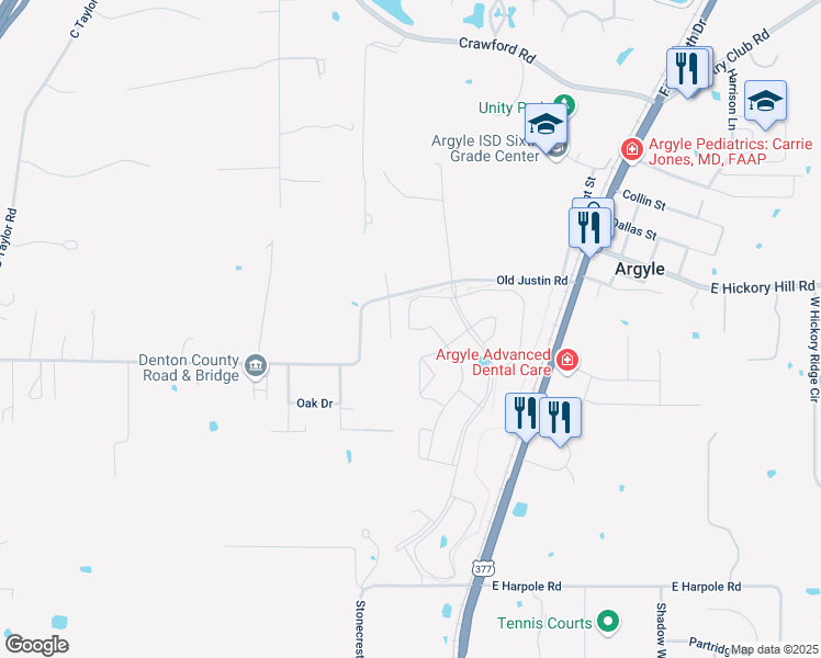 map of restaurants, bars, coffee shops, grocery stores, and more near 317 Old Justin Road in Argyle