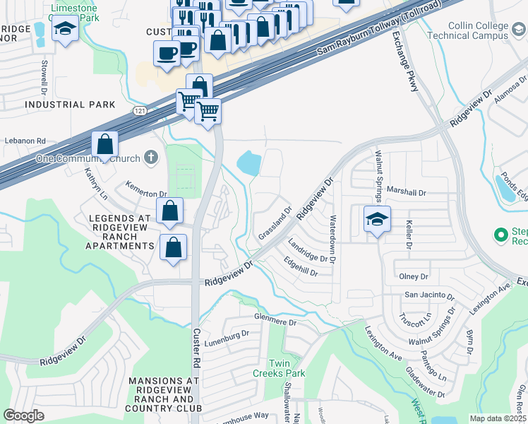 map of restaurants, bars, coffee shops, grocery stores, and more near 1306 Caliche Trail in Allen
