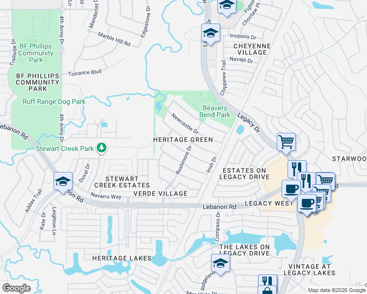 map of restaurants, bars, coffee shops, grocery stores, and more near 4425 Liam Drive in Frisco