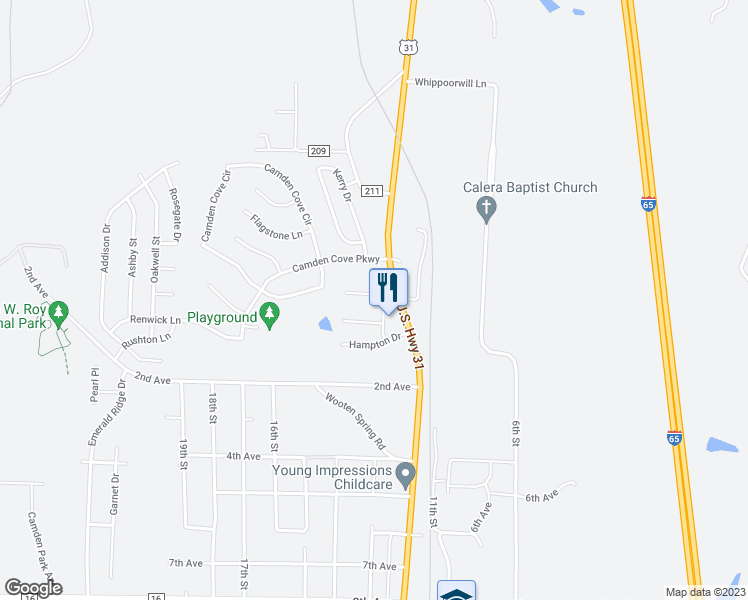 map of restaurants, bars, coffee shops, grocery stores, and more near 501 Margaret Lane in Calera