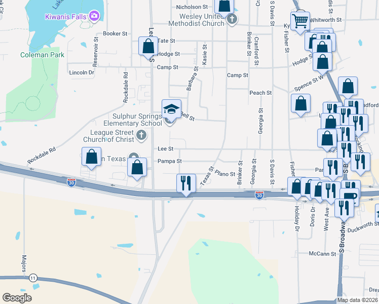 map of restaurants, bars, coffee shops, grocery stores, and more near 632 Lee Street in Sulphur Springs
