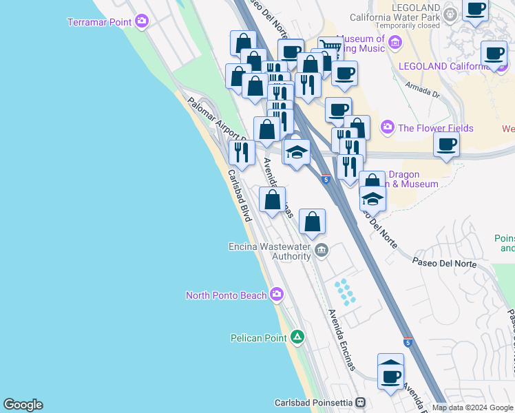 map of restaurants, bars, coffee shops, grocery stores, and more near 6508 Oceanview Drive in Carlsbad