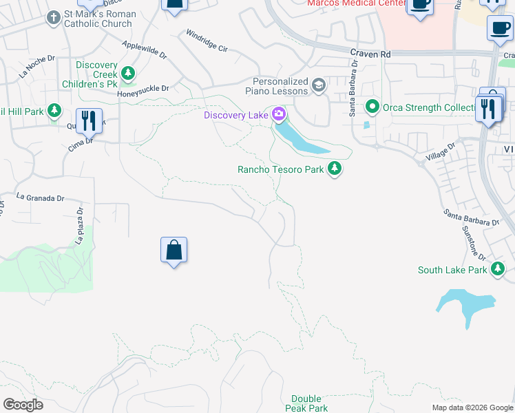 map of restaurants, bars, coffee shops, grocery stores, and more near 935 Bridgeport Court in San Marcos