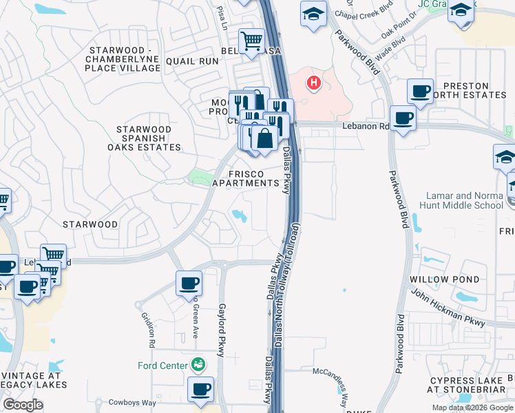 map of restaurants, bars, coffee shops, grocery stores, and more near in Frisco