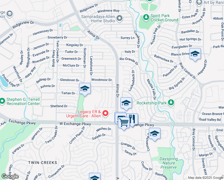 map of restaurants, bars, coffee shops, grocery stores, and more near 300 South Watters Road in Allen