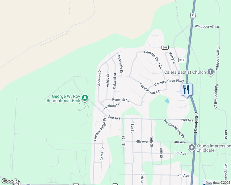 map of restaurants, bars, coffee shops, grocery stores, and more near 400 Oakwell Cove in Calera