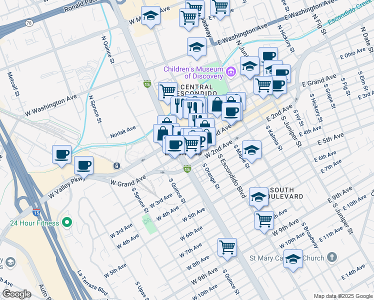 map of restaurants, bars, coffee shops, grocery stores, and more near 428 West Grand Avenue in Escondido