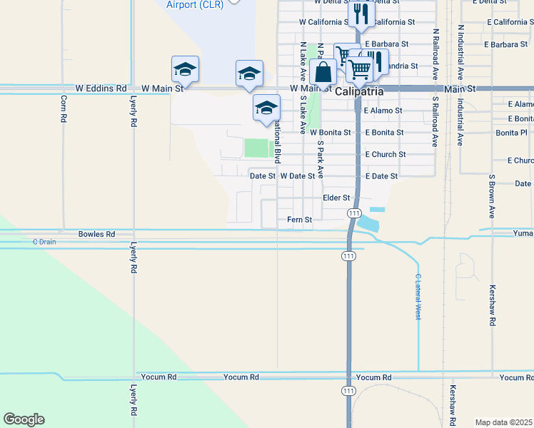 map of restaurants, bars, coffee shops, grocery stores, and more near 650 South International Boulevard in Calipatria