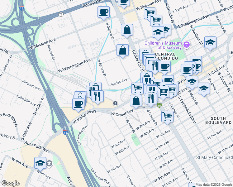 map of restaurants, bars, coffee shops, grocery stores, and more near Inland Rail Trail in Escondido