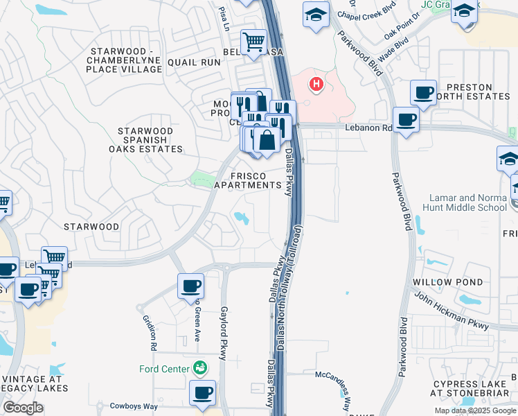 map of restaurants, bars, coffee shops, grocery stores, and more near in Frisco