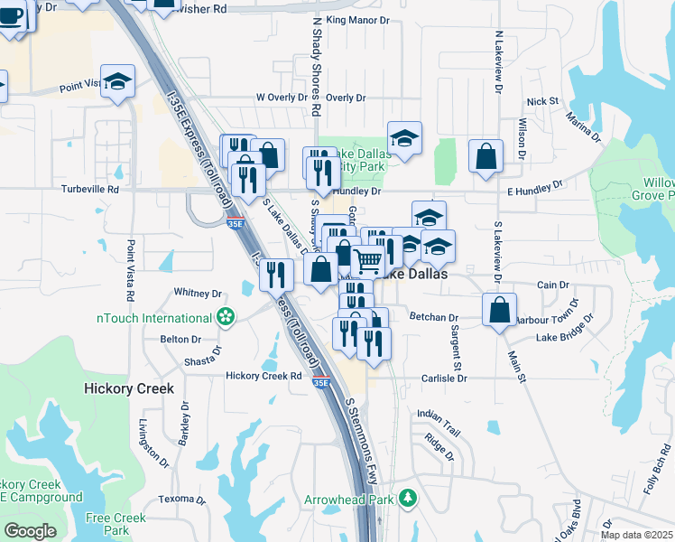 map of restaurants, bars, coffee shops, grocery stores, and more near 211 Gotcher Avenue in Lake Dallas