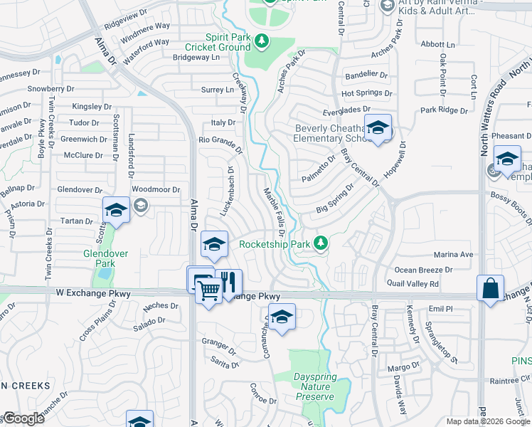 map of restaurants, bars, coffee shops, grocery stores, and more near 1324 Rio Grande Drive in Allen