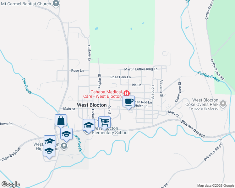 map of restaurants, bars, coffee shops, grocery stores, and more near 550 Camellia Lane in West Blocton