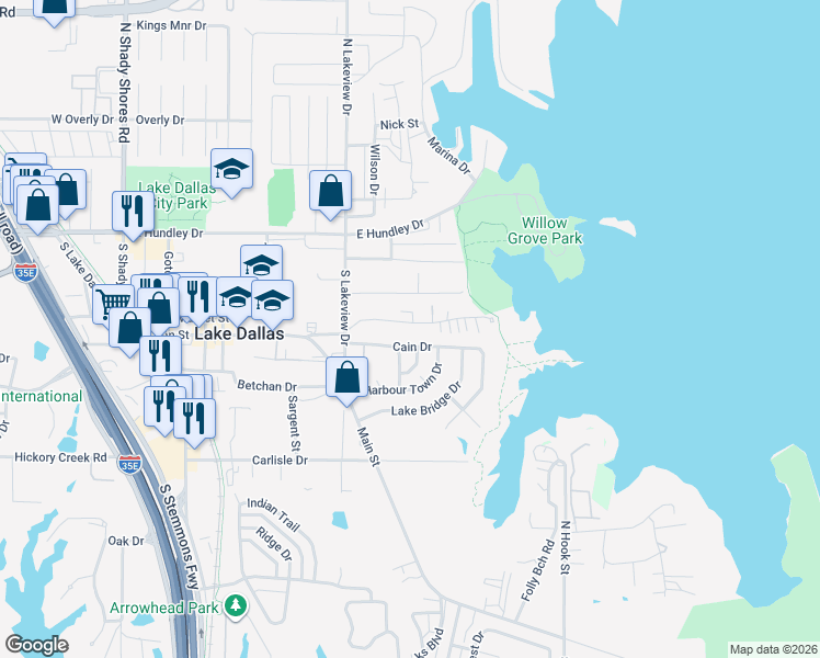 map of restaurants, bars, coffee shops, grocery stores, and more near 710 Thompson Drive in Lake Dallas