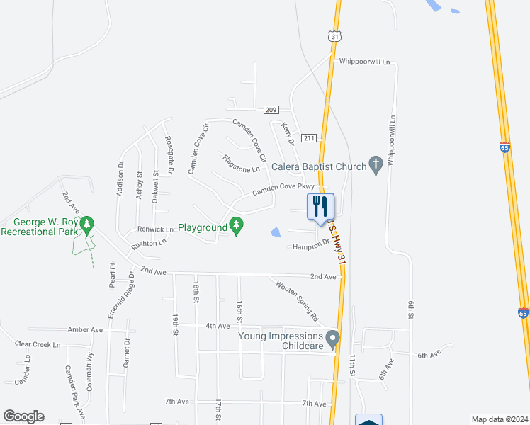 map of restaurants, bars, coffee shops, grocery stores, and more near 145 Camden Lake Drive in Calera