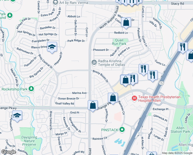 map of restaurants, bars, coffee shops, grocery stores, and more near 1292 Bossy Boots Drive in Allen