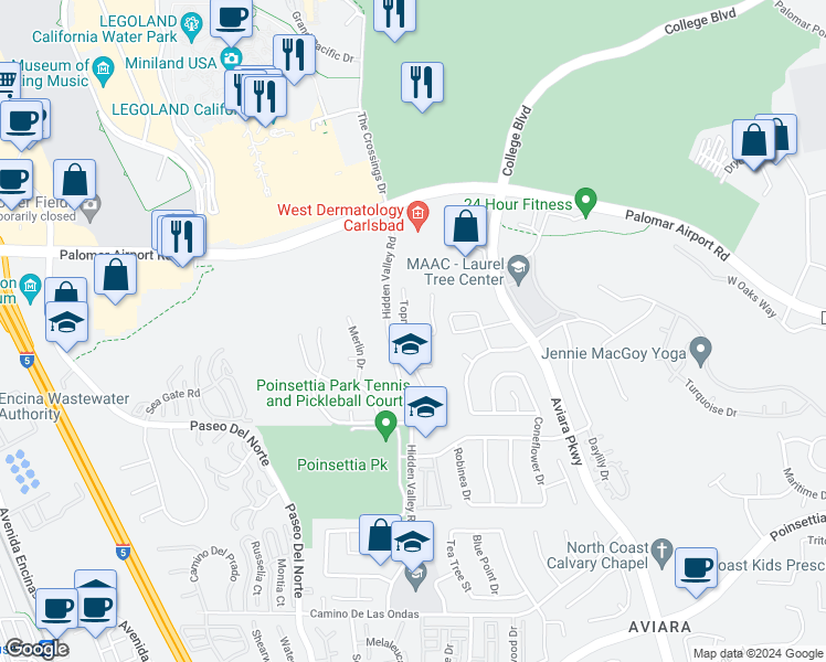 map of restaurants, bars, coffee shops, grocery stores, and more near 6410 Topmast Drive in Carlsbad