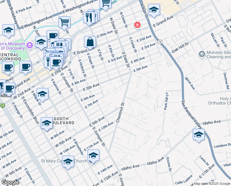 map of restaurants, bars, coffee shops, grocery stores, and more near 702 East 7th Avenue in Escondido