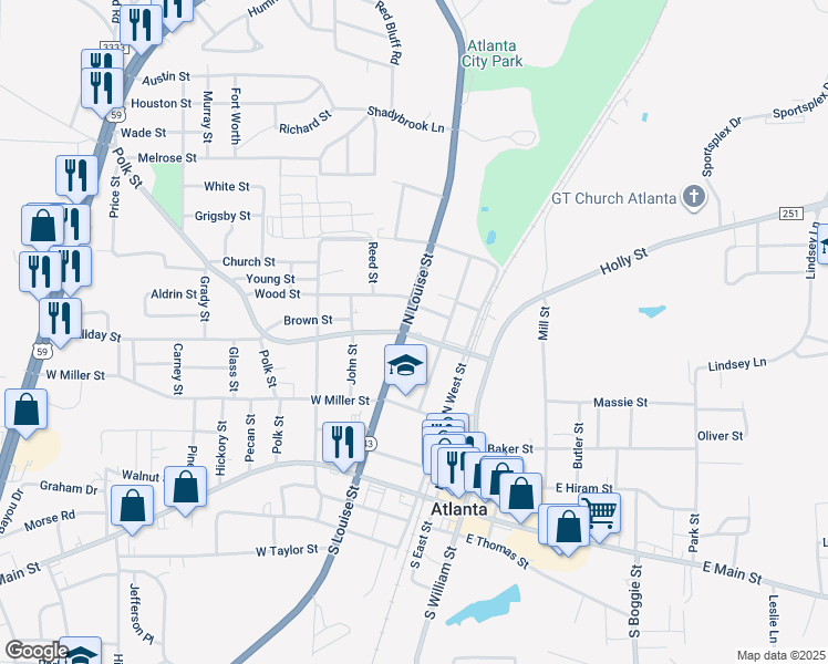 map of restaurants, bars, coffee shops, grocery stores, and more near 103 Wood Street in Atlanta
