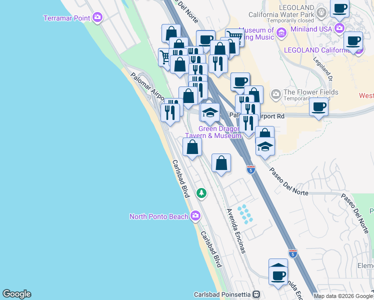 map of restaurants, bars, coffee shops, grocery stores, and more near 6610 Easy Street in Carlsbad