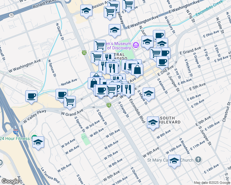 map of restaurants, bars, coffee shops, grocery stores, and more near 360 West Grand Avenue in Escondido