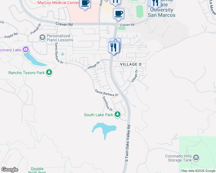 map of restaurants, bars, coffee shops, grocery stores, and more near 734 Merit Drive in San Marcos