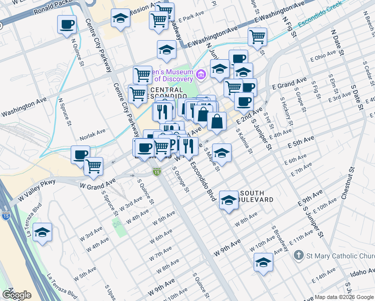 map of restaurants, bars, coffee shops, grocery stores, and more near in Escondido