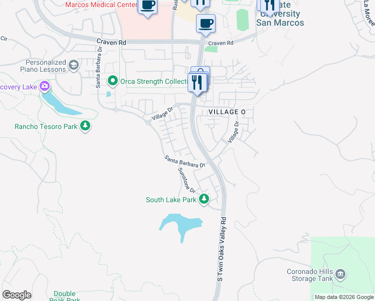 map of restaurants, bars, coffee shops, grocery stores, and more near 751 Merit Drive in San Marcos