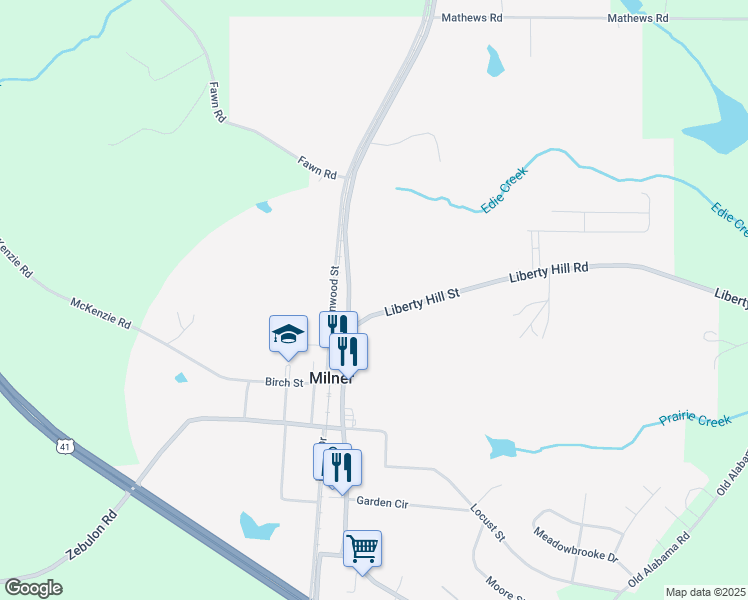 map of restaurants, bars, coffee shops, grocery stores, and more near 175 Main Street in Milner