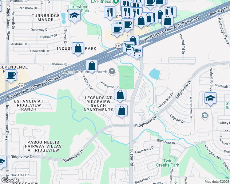 map of restaurants, bars, coffee shops, grocery stores, and more near 2300 Kemerton Drive in Plano