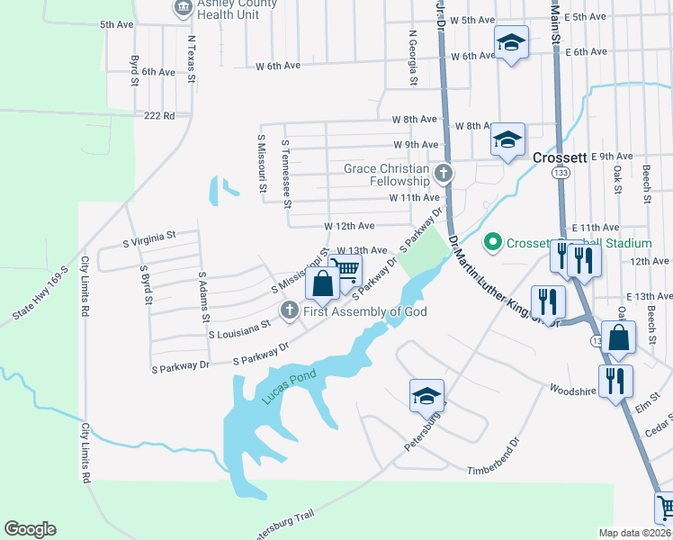 map of restaurants, bars, coffee shops, grocery stores, and more near 1303 South Mississippi Street in Crossett