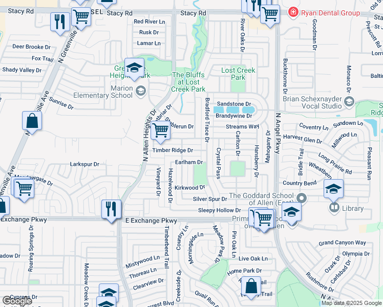 map of restaurants, bars, coffee shops, grocery stores, and more near 1430 Timber Ridge Drive in Allen
