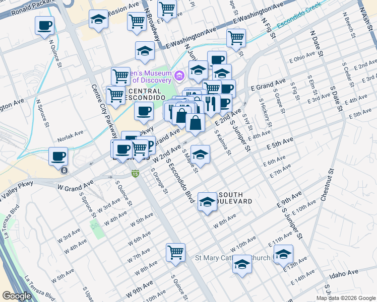 map of restaurants, bars, coffee shops, grocery stores, and more near 114 West 3rd Avenue in Escondido
