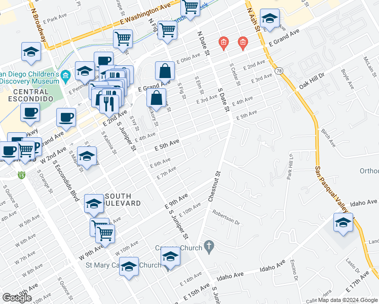 map of restaurants, bars, coffee shops, grocery stores, and more near 602 South Grape Street in Escondido