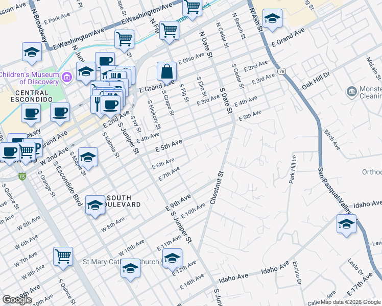 map of restaurants, bars, coffee shops, grocery stores, and more near 602 South Grape Street in Escondido