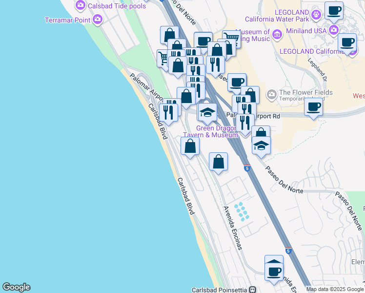 map of restaurants, bars, coffee shops, grocery stores, and more near 6508 Easy Street in Carlsbad