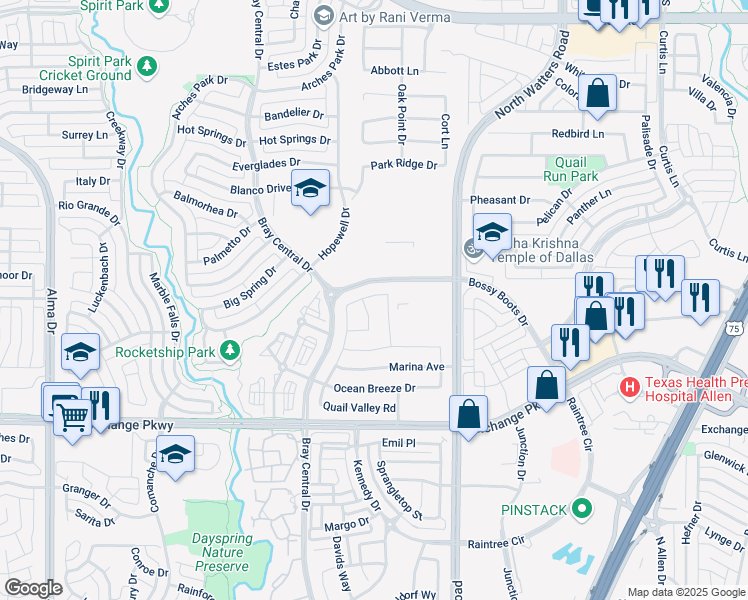 map of restaurants, bars, coffee shops, grocery stores, and more near 1307 North Watters Road in Allen