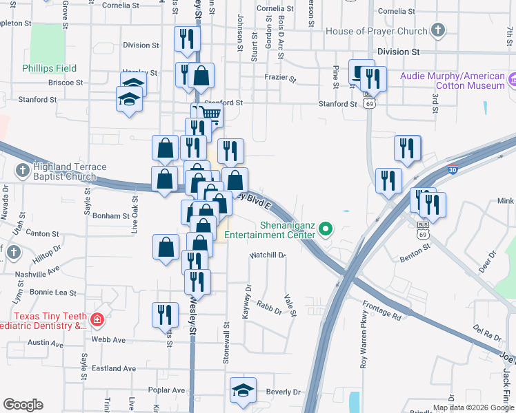map of restaurants, bars, coffee shops, grocery stores, and more near 2503 Frontage Road in Greenville