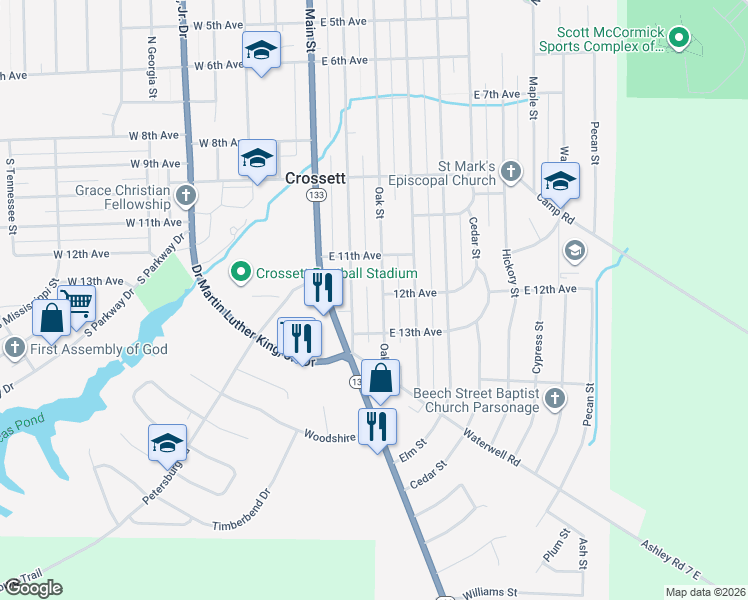 map of restaurants, bars, coffee shops, grocery stores, and more near 1109 Pine Street in Crossett