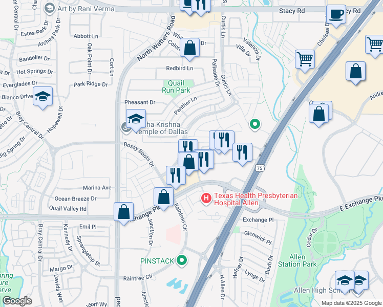 map of restaurants, bars, coffee shops, grocery stores, and more near 865 Stockton Drive in Allen