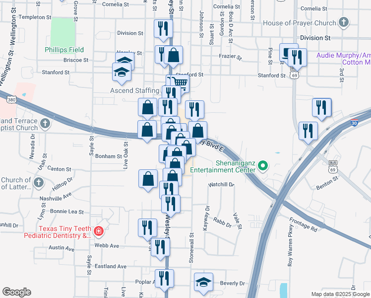 map of restaurants, bars, coffee shops, grocery stores, and more near 5013 Wesley Street in Greenville
