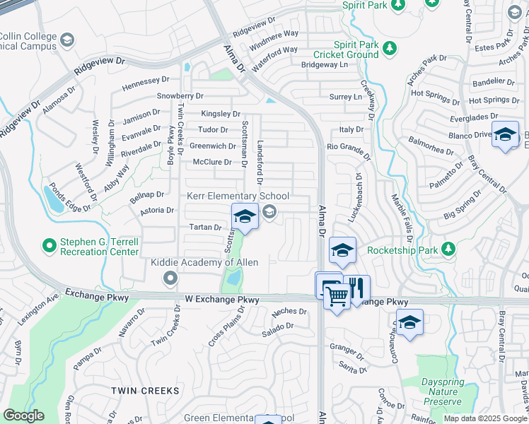 map of restaurants, bars, coffee shops, grocery stores, and more near 1325 Glendover Drive in Allen