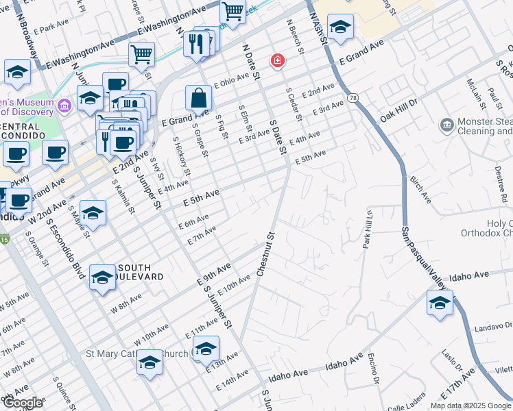 map of restaurants, bars, coffee shops, grocery stores, and more near 702 East 7th Avenue in Escondido