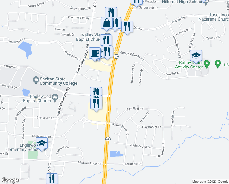 map of restaurants, bars, coffee shops, grocery stores, and more near 9601 Highway 69 in Tuscaloosa