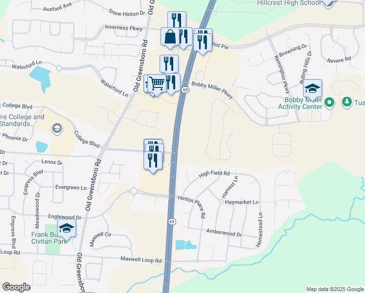 map of restaurants, bars, coffee shops, grocery stores, and more near 9601 Highway 69 in Tuscaloosa