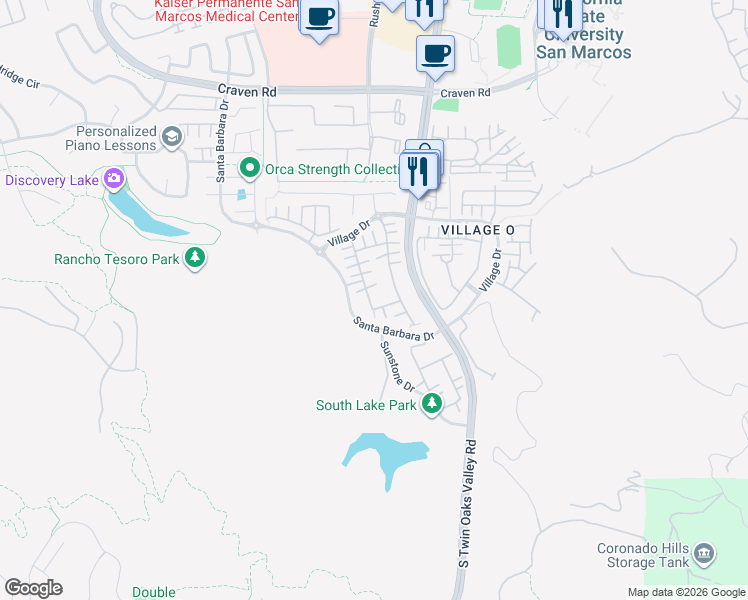 map of restaurants, bars, coffee shops, grocery stores, and more near 704 Merit Drive in San Marcos