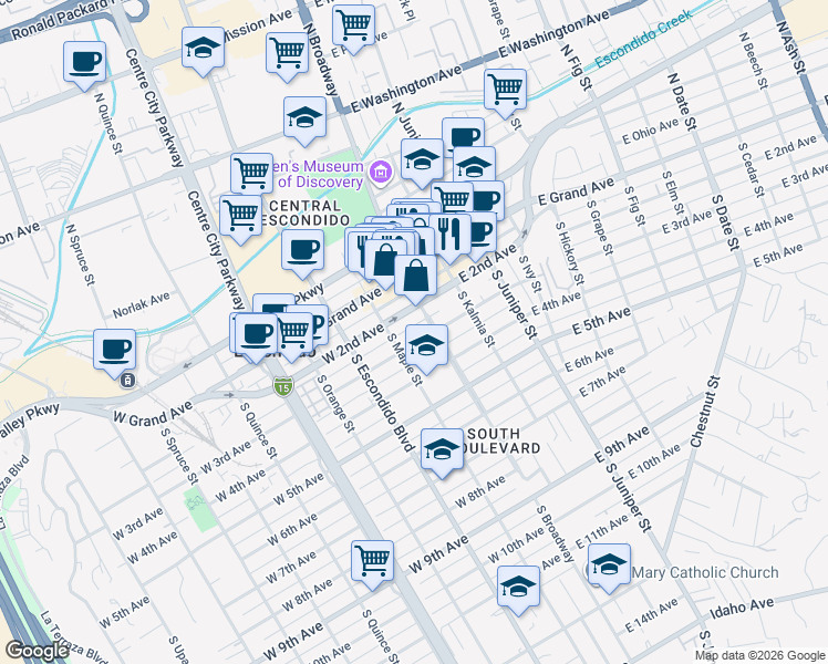map of restaurants, bars, coffee shops, grocery stores, and more near 114 West 3rd Avenue in Escondido