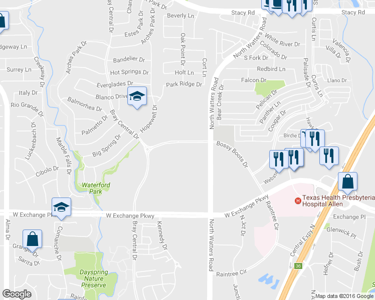 map of restaurants, bars, coffee shops, grocery stores, and more near 1307 North Watters Road in Allen