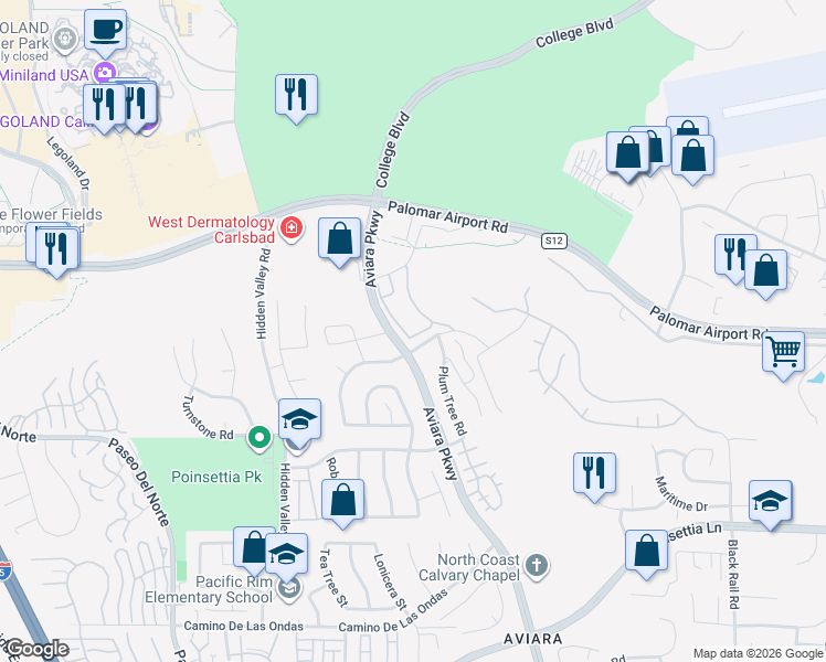 map of restaurants, bars, coffee shops, grocery stores, and more near 1321 Laurel Tree Lane in Carlsbad