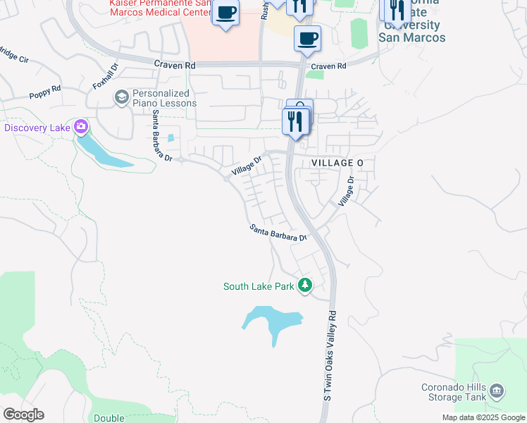 map of restaurants, bars, coffee shops, grocery stores, and more near 704 Merit Drive in San Marcos
